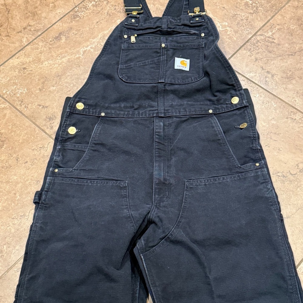 Carhartt 102776 R01 Black Canvas Duck Double Knee Carpenter Overalls 34x34 faded - Picture 2 of 5